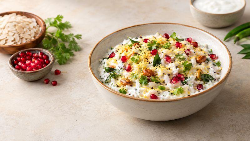 Dahi Poha with yogurt, jaggery and dry fruits