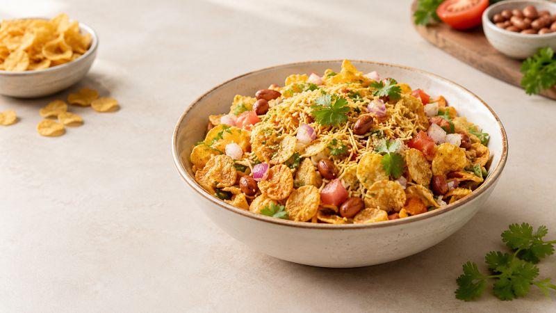 Makai Poha Chaat with chickpeas and chutneys