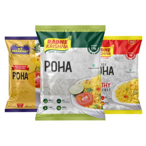 Radhe Krishna Rice Poha packs in 500 g and 1 Kg sizes